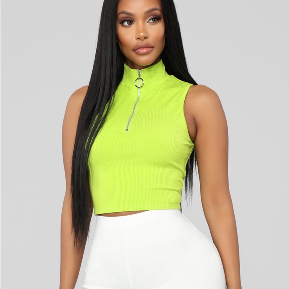 Fashion Nova Tops - Neon Green Sleeveless Crop Top with Zipper